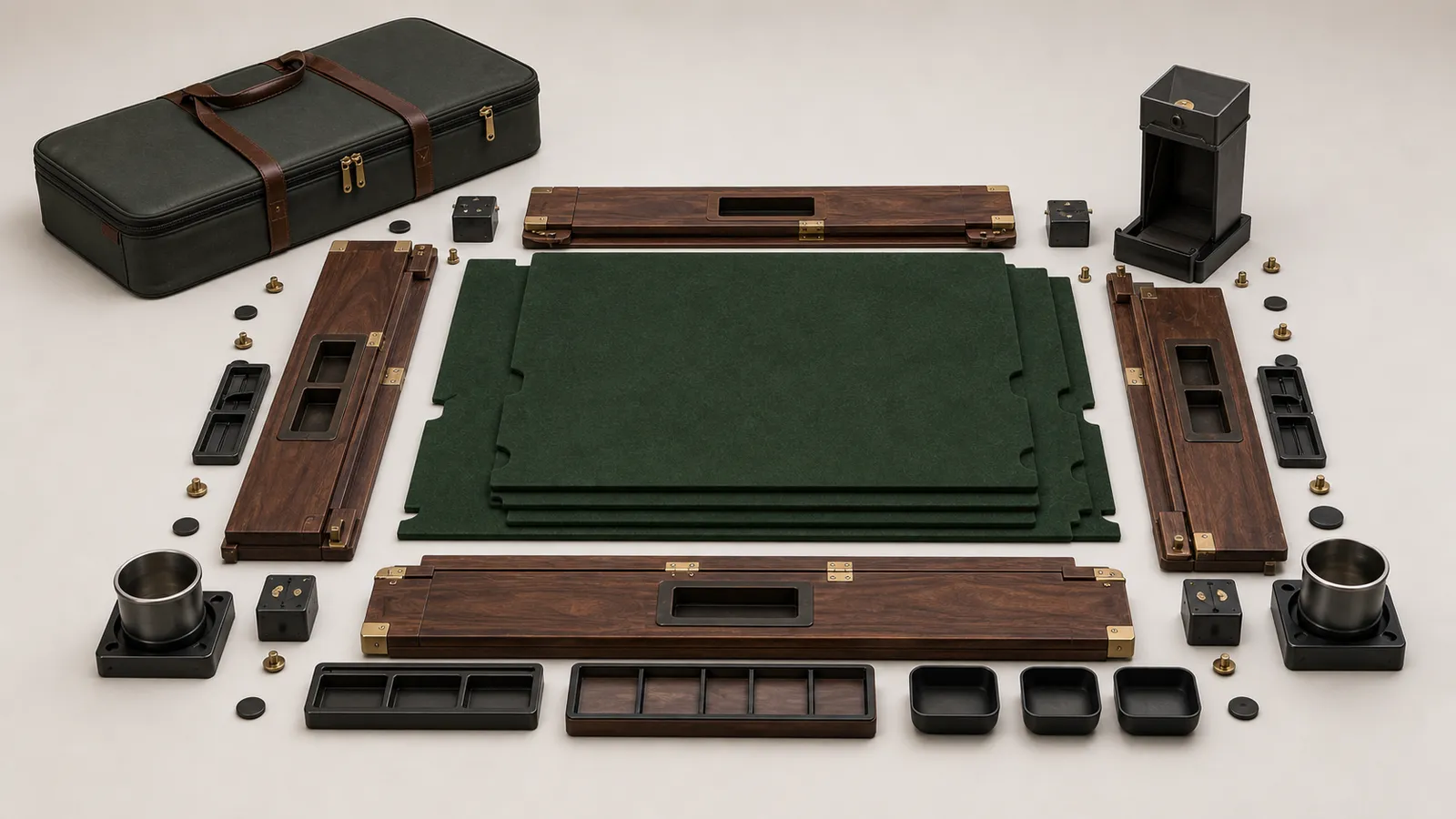 Exploded view of BoardGame Vault rails, mat, trays, cup holders, and storage