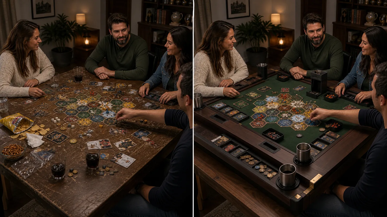 Before and after comparison of a dining table game setup