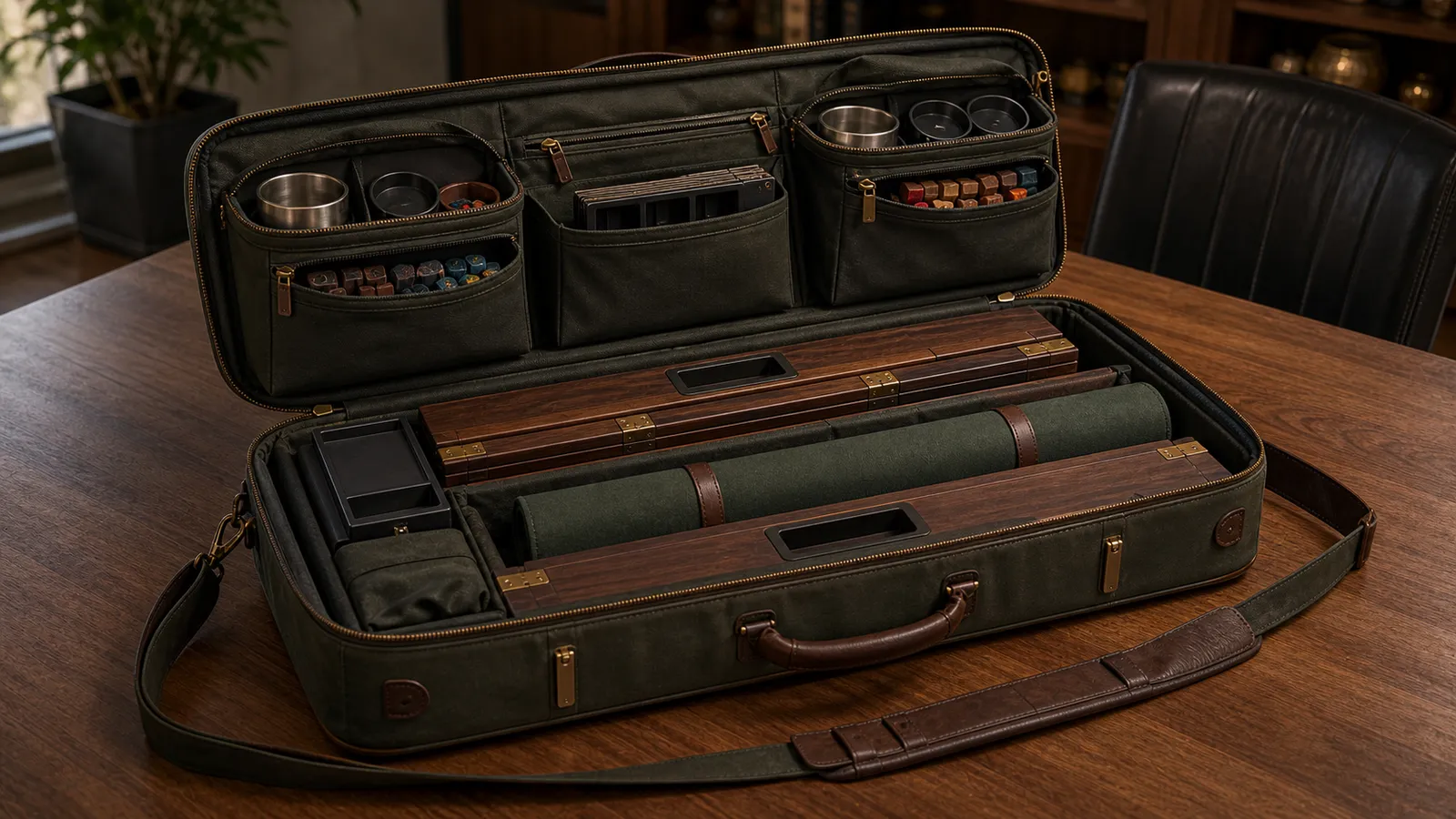 BoardGame Vault packed into a carry case beside the table